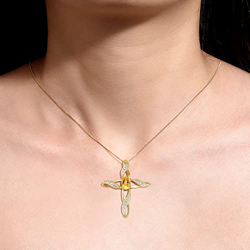 Rylos Cross Color Stone Necklace Yellow Topaz/Citrine & Diamond Pendant Necklace - November Birthstone* #TOP1