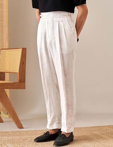 Men's Linen Casual Pant Italian Style Adjustable High Waist Pants Beach Summer Trousers Rolled Pants3