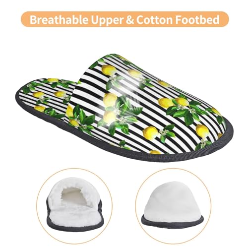 Lemons On Striped Print Women'S Fuzzy Slip On Indoor Outdoor Winter House Slippers4