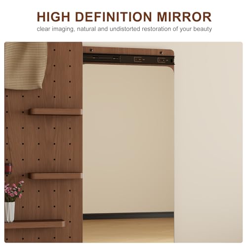 Image of KungFuWood Full Length Mirror with Shelf and Hooks,Entry Way Mirrors for Wall,Wall Mirror with Shelf,Wall Mirror with Storage Multifunctional Design Panel,Living Room (Deep Walnut, 52.4 inch L x 19 inch W)
