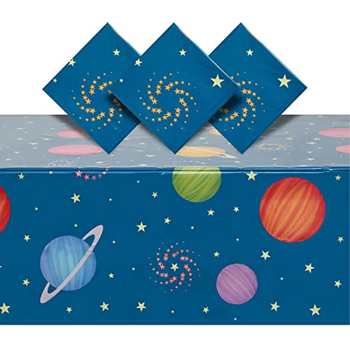 Image of BLUE PANDA 3 Pack Plastic Outer Space Tablecloths, Disposable Planets Table Covers for Galaxy Birthday Party Decorations (54 x 108 in)