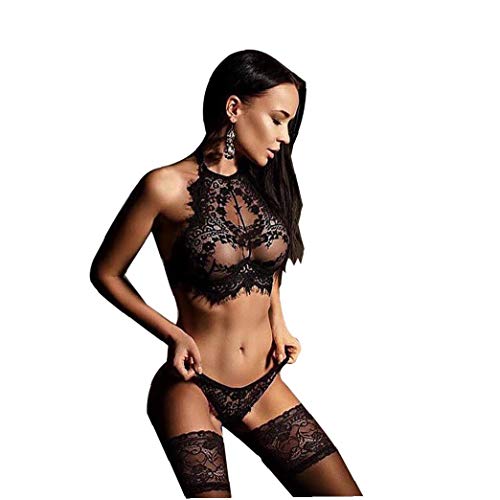 Unicoco Sujetador De La Ropa Interior Atractiva De La Ropa Interior De Encaje De Flores Elástico De Las Mujeres Y Las Bragas Negro M 1set