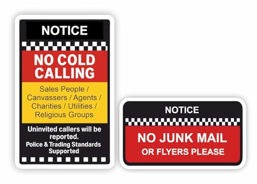 Two Pack - No Cold Callers and No Junk Mail Stickers For Front Door Window or Letterbox/Effective Deterrent for Nuisance Canvassers Sales People/Weatherproof Removable & Wipeable / / /