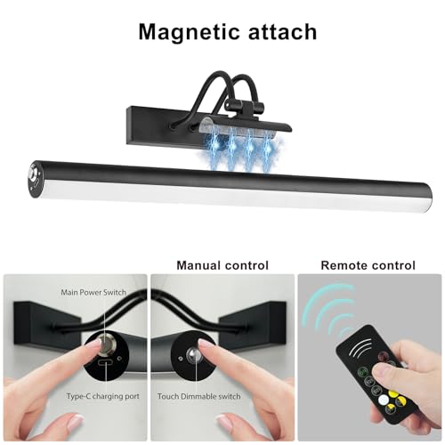 Image of Picture Light,Magnetic Wall Lights 5000mAh,16 inch Art Light for Painting,Black | Photo Lights for Wall Rechargeable,Remote Timer and Dimmer Gallery Light,Metal Gallery Light for Portrait Display Frame