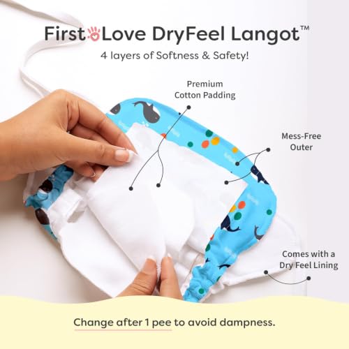 Image of SuperBottoms DryFeel Langot Trial Kit for Newborn Babies, 5 Assorted Langots with 2 Printed, 2 Premium Muslin & 1 White, Soft Cotton Langot for Diaper-Free Time, 0-9 Months