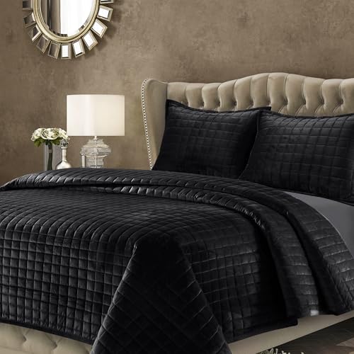 Tribeca Living Florence Velvet Oversized Solid Quilt Set, Polyester, Black, King