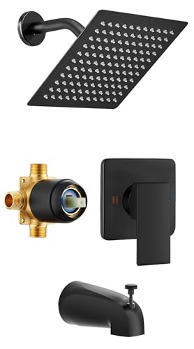 MTTCLE 8 Square Rainfall Shower Faucet Set with Tub Spout Matte Black