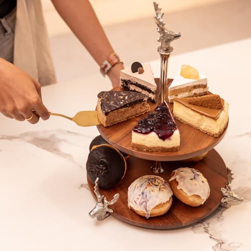 Image of Wildwood Two-tier Cake Stand, Natural & Silver Finish - Cupcake Stand, Desserts, Candy, Fruits, Dry Fruits Plates, Decorative Serving for Wedding, Birthday, Tea Party