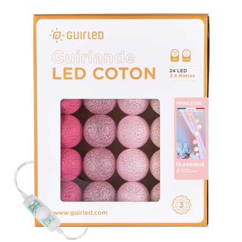 GuirLED - Guirlande lumineuse boules coton LED USB - Veilleuse bébé 2h - Adaptateur secteur double USB 2A inclus - 3 intensités - 24 boules 2.4m - Princesse