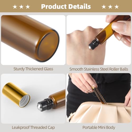 150 PCS Essential Oil Roller Bottles - Oil Perfume Leak Proof 10ml Empty Glass Roller Bottles with Stainless Steel Roller Balls with 5 Funnels for Travel Business Amber Brown3