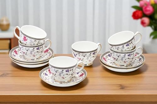 Image of Fine Bone China Multicolor Cups and Saucer with Golden Line, 180 ml Tea Cup Set of 6 Cup and Saucer Set for Tea Milk Coffee Chai, Teacup Set