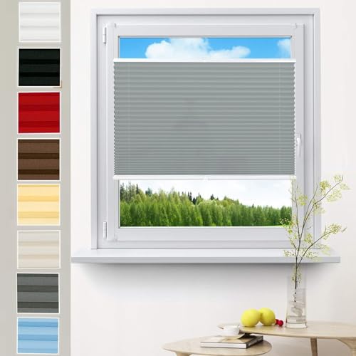 Klemmfix Plissee Ohne Bohren 25 x 200 cm ohne Bohren Verdunklung Thermo Rollo für Fenster Easyfix Plisseerollo inkl.Klemmträger für Fenster & Tür, Hellgrau