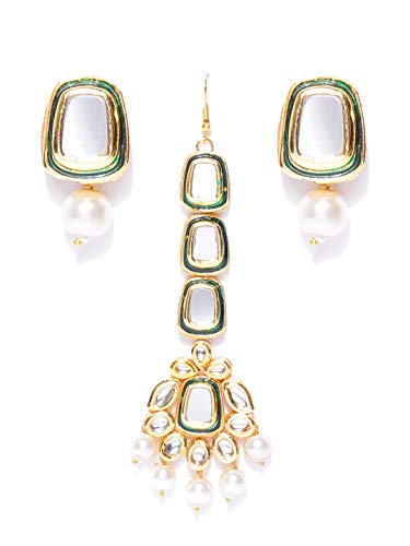 Vishal-Vatika Pretty Look Gold Plated with Kundan Stone Cute Earrigns with Tikka Set (White)