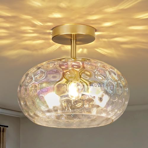 Image of 12 inch Vintage Rainbow Glass Ceiling Light, Mid Century 3-Light Semi Flush Mount Fixture, Modern Hammered Gold Lighting for Girls Bedroom, Hallway, Kitchen, Living Room