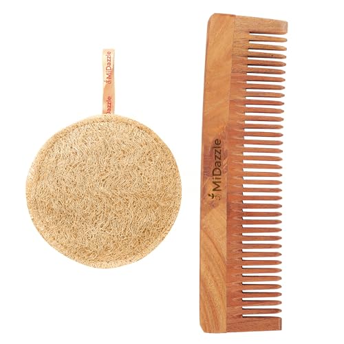 Image of Midazzle Organic Loofah Round and Neem Wood Comb Set, Fine Tooth, 2 Count