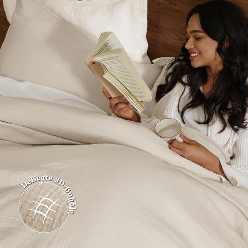 Image of David's Home Cotton Muslin Comforter Set Queen Size, 100% Cotton Cover Ultra-Soft Breathable Lightweight Skin-Friendly for Spring Summer, 3PCS Linen Like Gauze Bedding with Polyester Filling, Natural