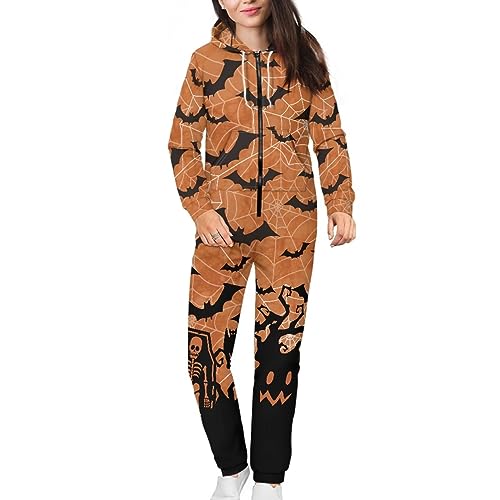 Yewattles Couple Halloween Hooded Jumpsuits Orange Spiderweb Bat Print Party One-piece Pjs Family Playsuit Unisex Onesie Tracksuit Outdoor Streetwear Nightgown Costume Long Sleeve Pajamas