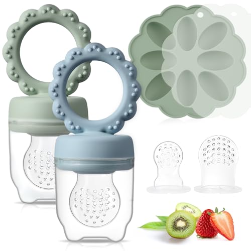 Image of Olabocio Baby Fruit Feeder with Mini Freezer Tray, 2 Pack Silicone Baby Food Feeder for Batch Prep, Breastmilk Popsicle Molds, includes 2 Extra Pouches and Lids, Dishwasher Safe, BPA Free