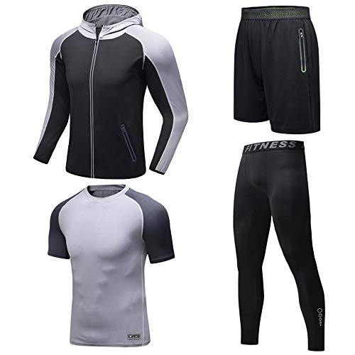 Men's 3 Pcs Fitness Clothing Set Quick Drying Hood Jacket/Short Sleeve/Shorts/Leggings Running Wear Suit Suitable for Gym,Sports,Football,Cycling,Jogging,2,4XL