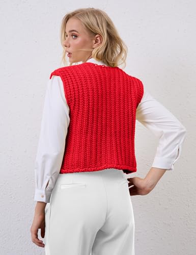 Image of Women Crochet Knit Sweater Vest Button Up Cropped Casual Sleeveless Vest Fashion Vintage Cardigan with Pocket Red