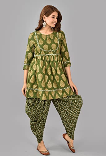 Image of H&N Women 's Casual Cotton Slub Anarkali Printed Kurta with Dhoti (Green)