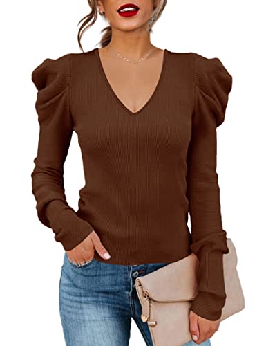 Amarmia Women's Puff Long Sleeve Knit Pullover Sweaters Casual V Neck Ribbed Solid Soft Slim Fit Sweater Blouse Tops