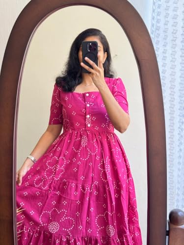 Image of Women's Pink Bandhani Print Tiered Maxi Dress, Short Sleeve, Square Neck, Cotton
