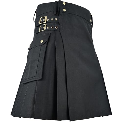 NINE AXIS Black Utility Kilt for Men Traditional Scottish Highland Wear Solid Pleated Cotton with Cargo Pockets (Black 36)