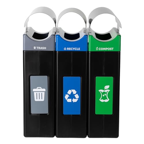 Avante™ Series Made in The USA, Black Triple-Stream,Trash, Recycling and Compost Center, 3-30-gallon Narrow Units, Black Canopy, Liners Included
