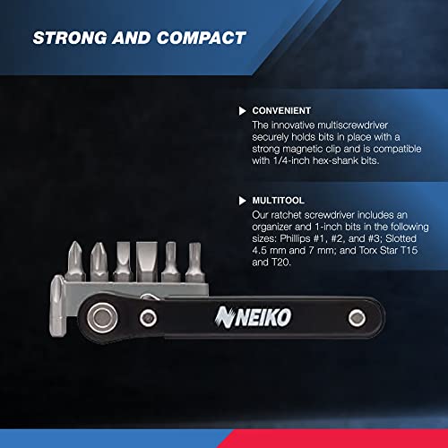 Neiko 03044A 1/4-Inch Drive Mini Ratchet Screwdriver Set, 8 Pc, Cr-V Steel, Tight Reach, 90 Degree Screwdriver, Low Profile, Close Quarter, Right Angle Offset, Short Phillips, Slotted, Torx Star #TOP2