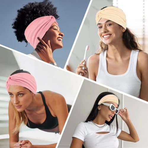 Image of MAYCREATE 2Pcs Wide Head Band Twisted Knot Headband for Women, Pink & Beige | Stylish Twisted Knot, Stretchy Cloth Design, Helps Keep Hair Away from Face During Skincare and Exercise