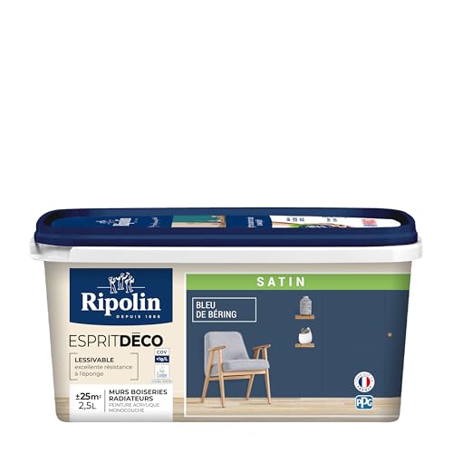 RIPOLIN - Peinture Intérieure Multi-Supports – Murs, Boiseries & Radiateurs – Ultra-Couvrante – Lessivable – Application Facile – Ecolabel - Satin - 2,5L - Bleu Bering