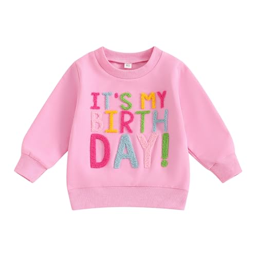 BULINGNA Toddler Baby Girl Birthday Outfit Letters Embroidery Long Sleeve Crew Neck Sweatshirt Infant Spring Pullover (Pink, 4-5 Years)