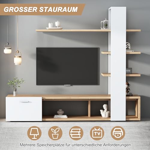 Meuble TV Mural 180 cm Blanc & Bois + 3 Étagères BTM