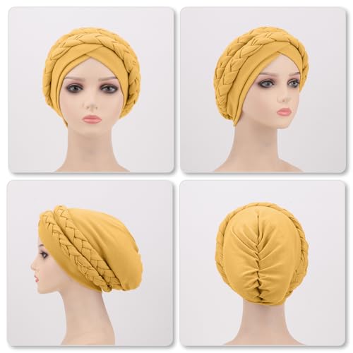 Image of DRESHOW African Women Turban Caps Cotton Beanie Twist Headscarf Pre-Tied Double Twisted Braids Wrap Hat Chemo Cancer Cap