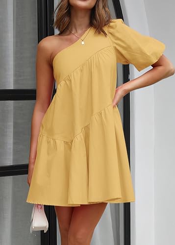 Image of KIRUNDO Summer One Shoulder Mini Baby Doll Dresses Women 2026 Casual Puff Sleeve Loose Tiered A Line Flowy Short Dress