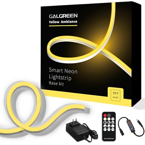 Image of Neon Rope Lights, 16.4ft Rope Lights with Dimmable Remote and Adapter, Waterproof Flexible Smart Led Strip Lights for Bedroom, Super Bright, DIY Neon Sign, Indoors Outdoors Wall Decor, Yellow