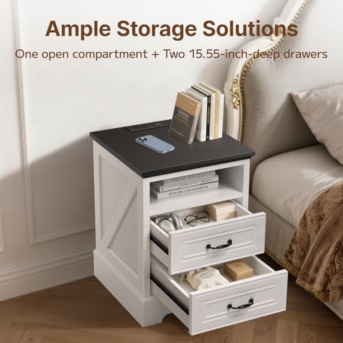 Image of Eongdon Nightstand with Charging Station, 18 inch W x 24 inch H Farmhouse Rustic Bedside End Table, 2 Storage Drawers & Open Compartment, Wooden Side Cabinet for Bedroom, Entryway, Living Room (White)