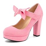 MAIERNISI JESSI Women's Bow Heel Pumps Removable Bow Platform Chunky High Heeled Wedding Dress Shoes Thin Bow Pink Suede 42 - US 10