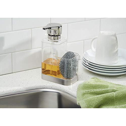 mDesign Modern Plastic Kitchen Sink Countertop Liquid Hand Soap Dispenser Pump Bottle Caddy with Storage Compartment - Holds and Stores Sponges, Scrubbers and Brushes - Clear/Brushed
