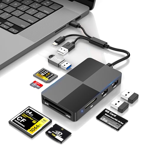Rovurna Lector de tarjetas de memoria USB C 8 en 1 para tarjetas CF SD TF XD Memory Stick Pro Duo Micro SD, lector de tarjetas flash compacto con 3 puertos USB 2.0 para iPhone, MacBook, Windows y