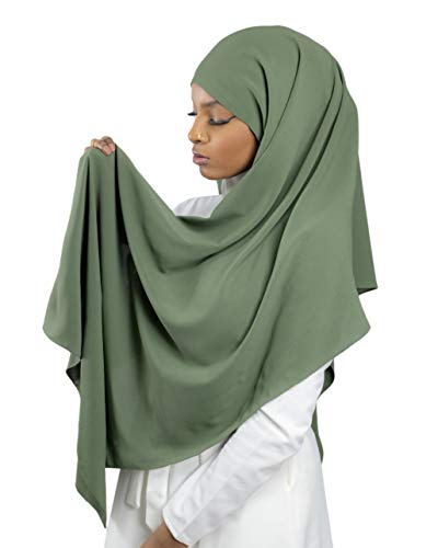 Photo de Hijab à enfiler avec bonnet à nouer en soie de médine Luxueux pour femme musulmane voilée HE700 (Vert Kaki)