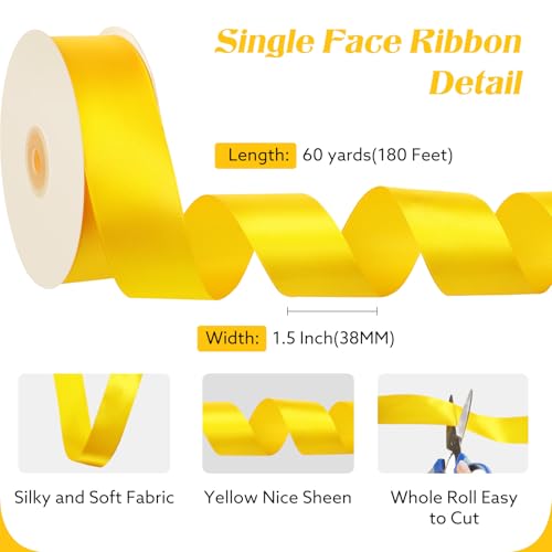 Image of woric Yellow Satin Ribbon 1 1 /2 Inch 60 Yards Yellow Bows for Fall Wreath Decor Graduation Crafts Gift Wrapping Flower Bouquet Memorials Harvest Party Halloween Holiday Decorations