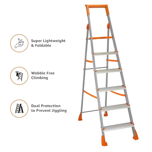 Image of Amazon Basics Clamber Pro+ - Foldable Step Ladder with Tool Tray, Firm Grip, 6 Steps (Aluminium Steps, Orange & Satin)