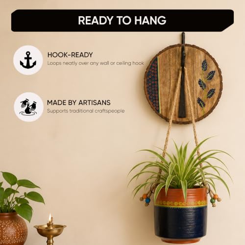 Image of AAKRITI ART CREATIONS Wall Hanging Planter with Hook | Blue & Brown Earthen Planter on Round Wooden, Modern Art, Matte Finish | Metal, Terracotta & Wood | Decorative Hanging Pot for Indoor & Outdoor