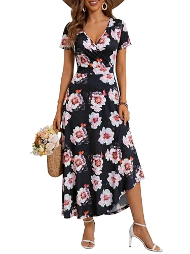 Image of HUHOT Women's Short Sleeve Wrap V Neck Dresses for Wedding Guest Summer Floral Maxi Sundresses with Pockets Boho Dress