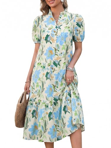 Wenrine Womens Summer Floral Maxi Dress Casual V Neck Puff Short Sleeve...