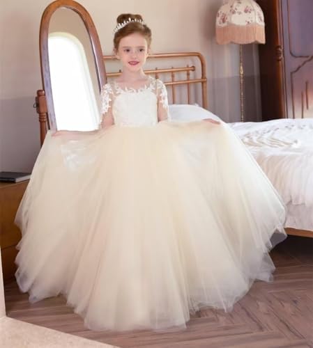 Girls Applique Long Sleeve Flower Girl Puffy Tulle Dress Holy Bow Knot Crew Neck First Communion Dress CT264