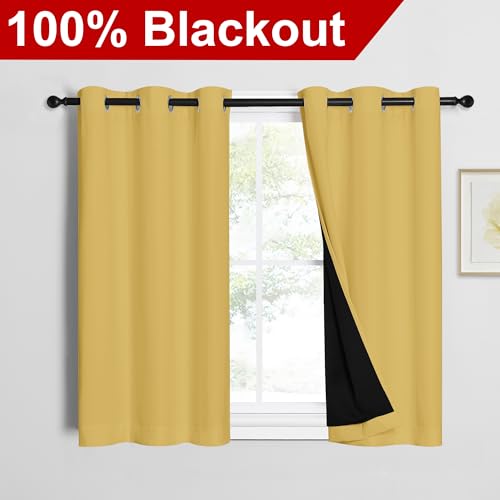 Image of NICETOWN 100% Blackout Short Curtains with Black Liners, 2 Panels, 37 inch W by 40 inch L, Bright Yellow, Thermal Insulated Full Blackout 2-Layer Lined Drapes, Energy Efficiency Window Draperies for Bedroom