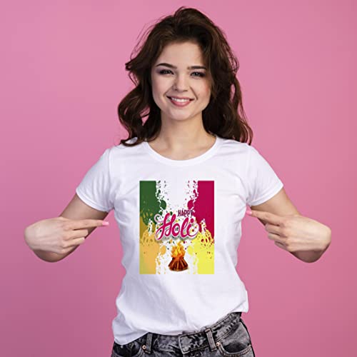 Image of MUKESH HANDICRAFTS Knitted Polycotton Fabric Regular Fit Girl Women Half Sleeve T-Shirt for Festival of Holi Style 27 White Size : Free